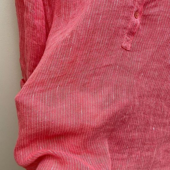 Eileen Fisher Linen Popover Top Womens Size Small Coral Pink Striped - Picture 6 of 12